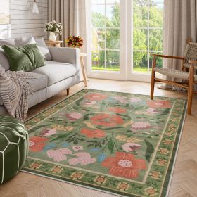 Washable Green Floral Area Rug 5x7, Colorful Cottagecore Nursery Rug Washable Green Floral Area Rug 5x7, Colorful Cottagecore Nursery Rug