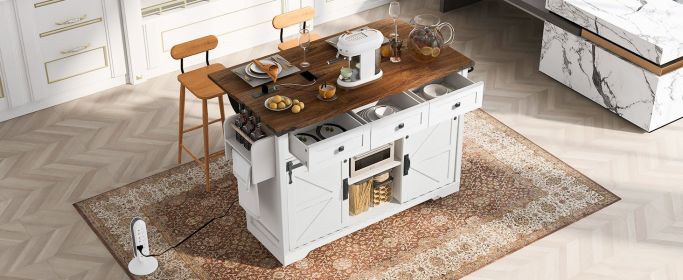 K&K 53.7" Farmhouse Kitchen Island with Power Outlet, 2 Sliding Barn Door Kitchen Storage Island with Drop Leaf