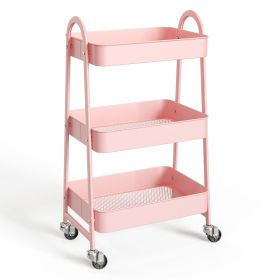3/4-layer practical mobile trolley, metal movable storage rack, with lockable casters (Color: pink, size: 3-layer)